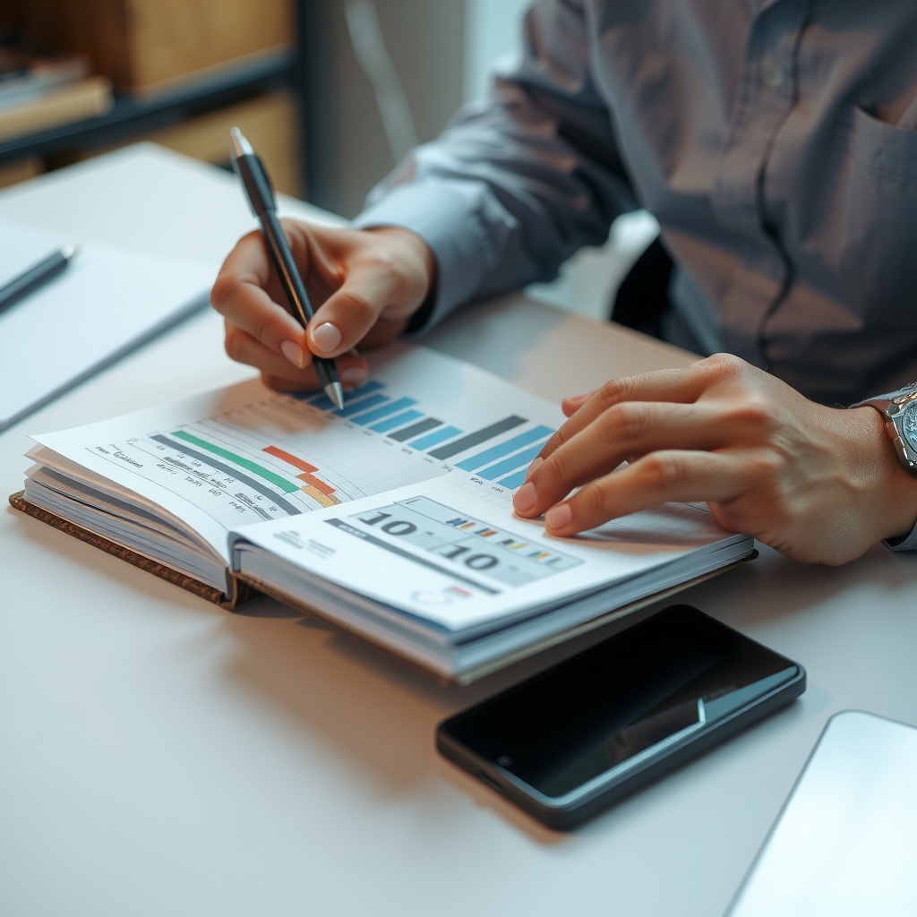 Eine Person, die sorgfältig ein Budget in einem Notizbuch plant, um die Kostenkontrolle zu verbessern.