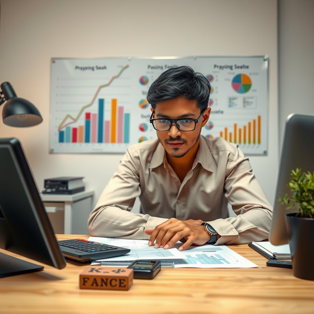 Eine Person, die an einem Schreibtisch sitzt und mit einem Taschenrechner und Notizblock ihre Finanzen plant, mit Diagrammen im Hintergrund.