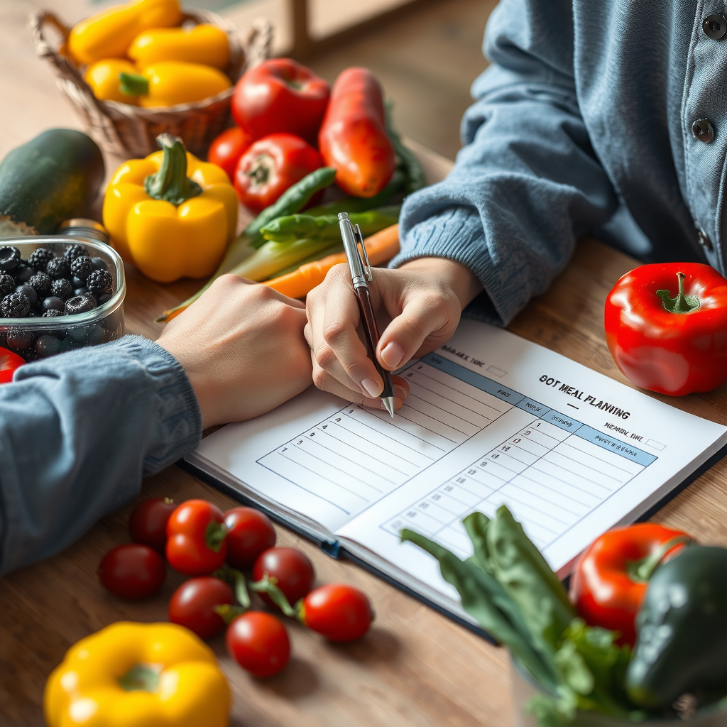 Eine Person schreibt einen Essensplan in ein Notizbuch, umgeben von frischem Gemüse und Obst auf einem Holztisch, was eine gute tägliche Planung symbolisiert.