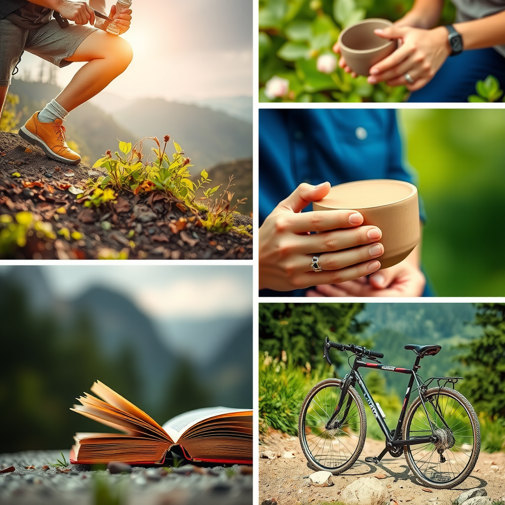 Eine Collage aus verschiedenen Hobby-Aktivitäten: eine Person beim Wandern, Hände beim Töpfern, ein offenes Buch und ein Fahrrad in der Natur.