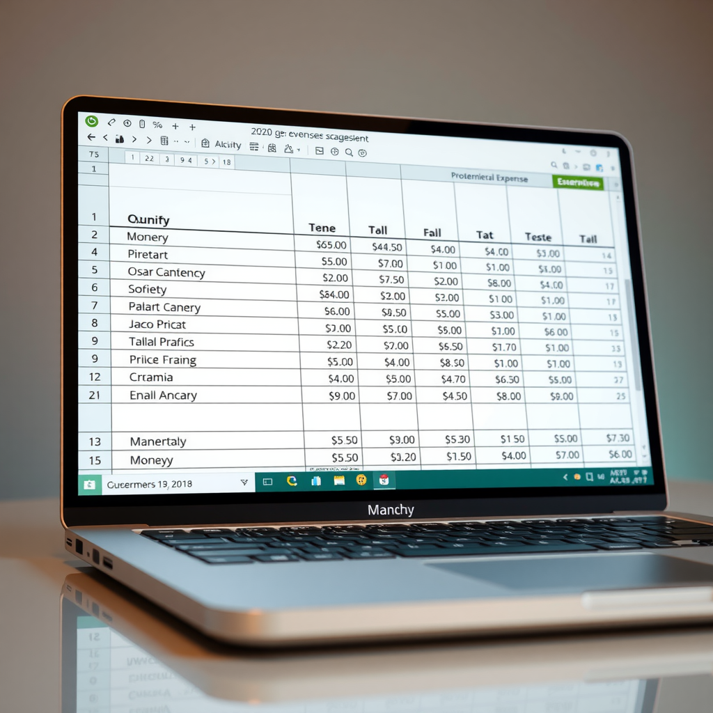 Nahaufnahme eines Laptop-Bildschirms, der eine Tabellenkalkulation mit kategorisierten monatlichen Ausgaben für eine effektive Finanzverwaltung anzeigt.