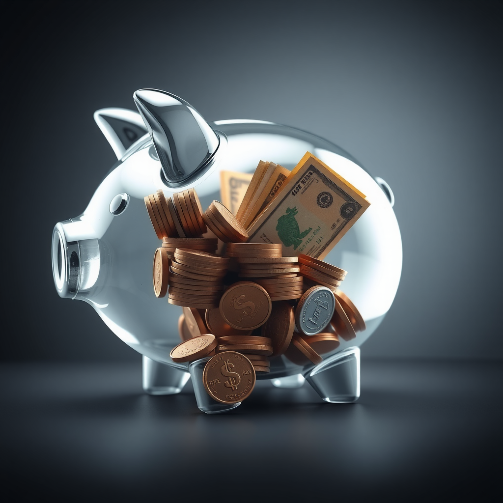 Ein durchsichtiges Sparschwein, das sich langsam mit Münzen und Scheinen füllt, was den schrittweisen Fortschritt beim Sparen für ein kurzfristiges Ziel darstellt.