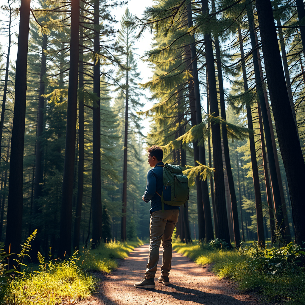 Eine Person mit Rucksack wandert auf einem sonnigen Waldweg, umgeben von hohen, grünen Bäumen.