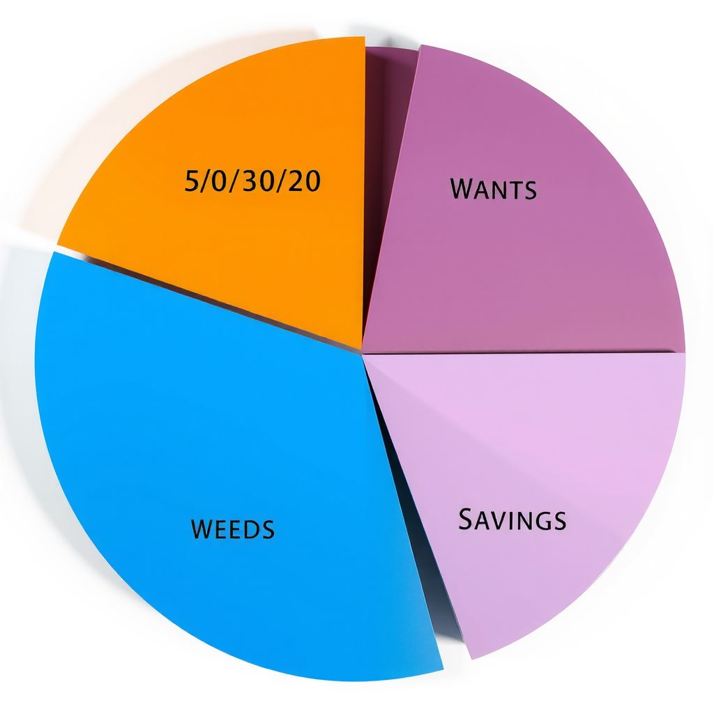 Ein klares Kreisdiagramm, das die 50/30/20-Budgetregel illustriert, aufgeteilt in Bedürfnisse, Wünsche und Sparen.