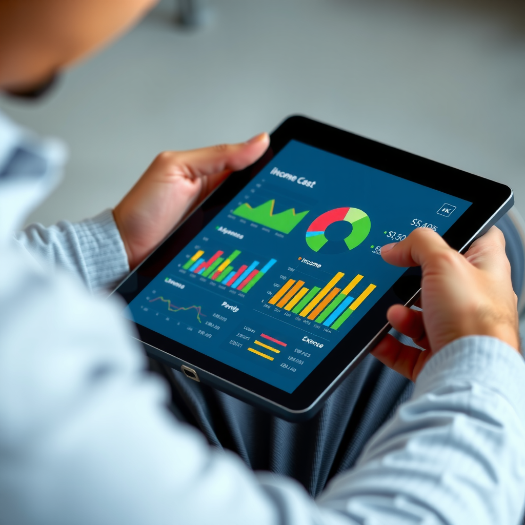 Eine Person, die eine Budgetierungs-App auf einem Tablet verwendet, mit bunten Diagrammen, die Einnahmen und Ausgaben zeigen, was eine moderne Kostenkontrolle symbolisiert.