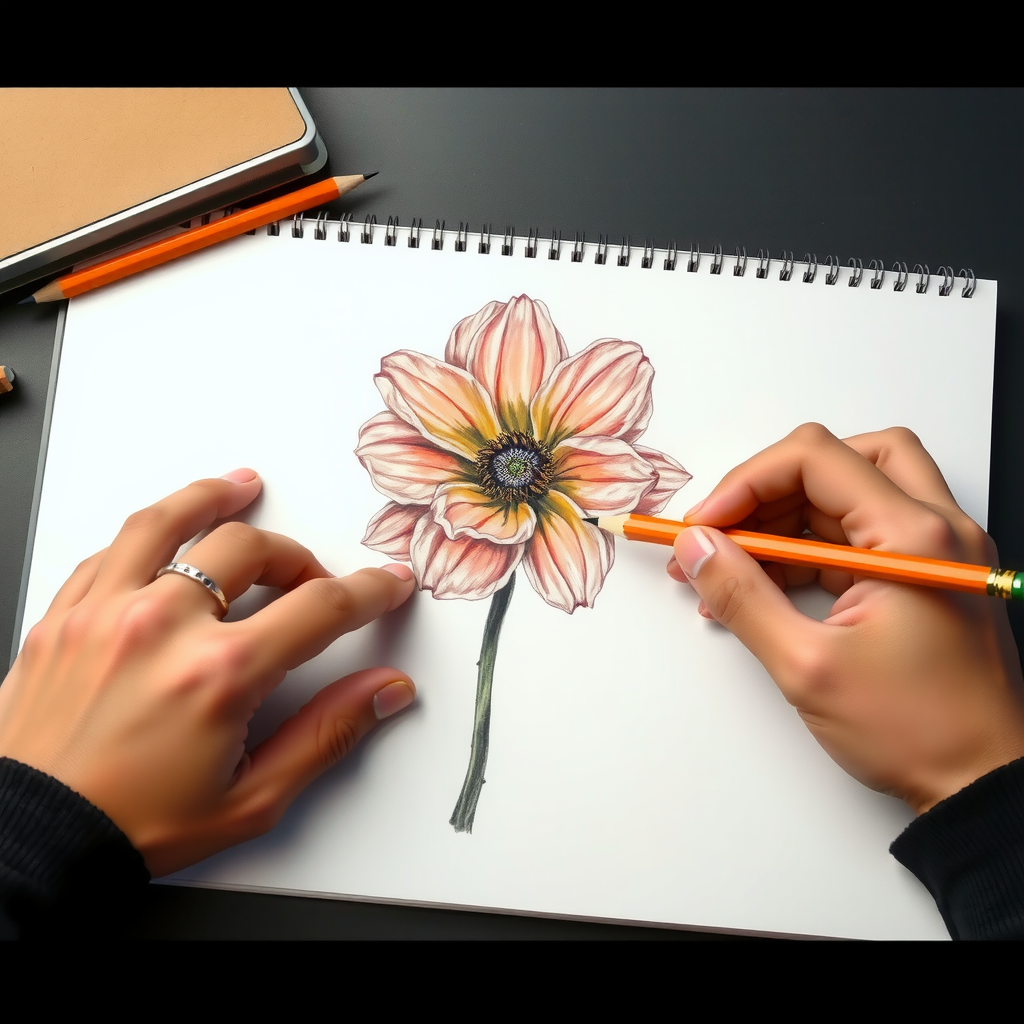 Hände einer Person, die mit einem Bleistift in einem Skizzenbuch eine detaillierte Blume zeichnet.