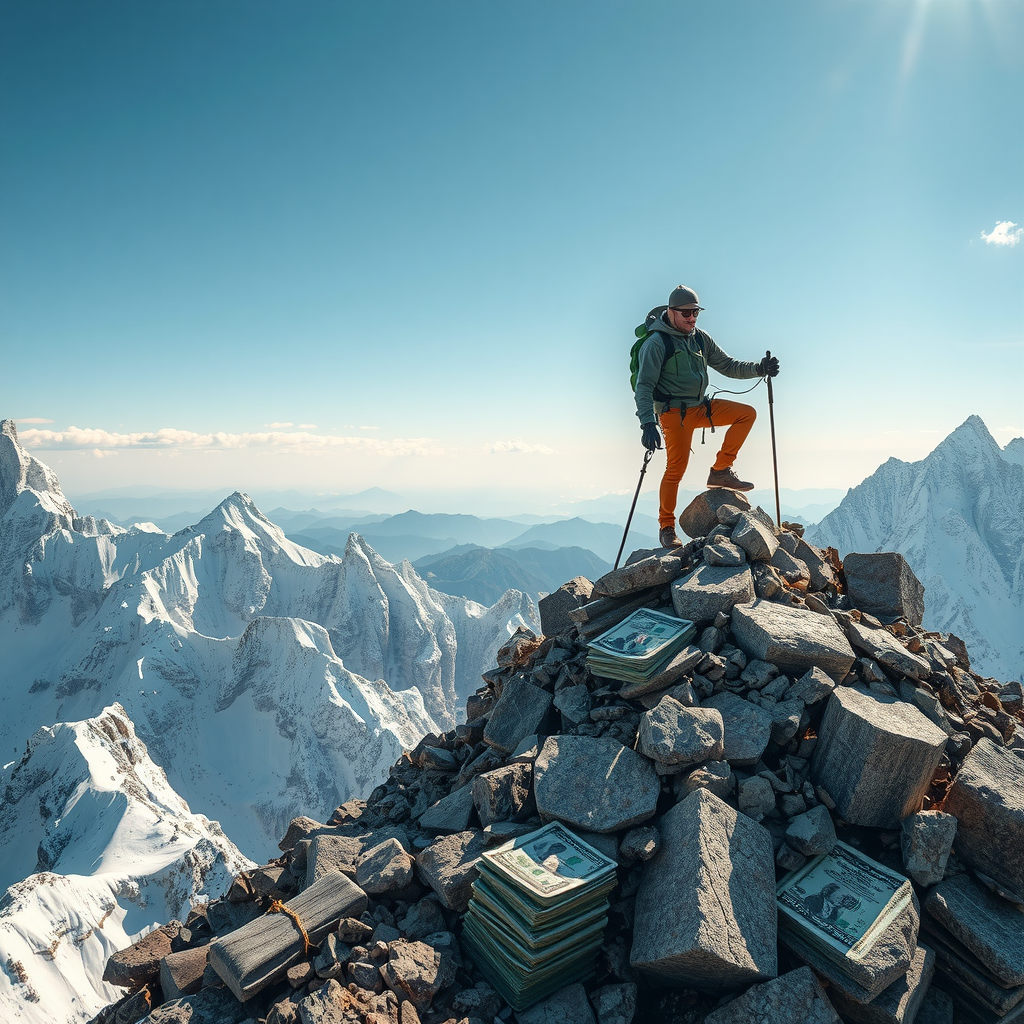 Eine Bergsteiger-Metapher, bei der eine Person auf einen Gipfel klettert, der ein finanzielles Ziel symbolisiert, mit Meilensteinen auf dem Weg.
