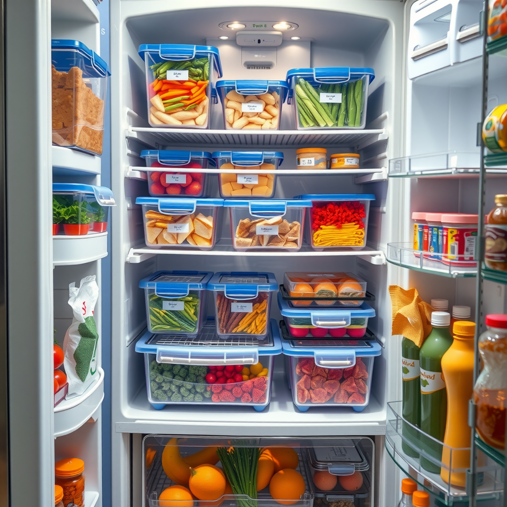 Ein gut organisierter Kühlschrank mit beschrifteten Behältern für vorbereitete Mahlzeiten und Reste, um Lebensmittelverschwendung zu reduzieren.