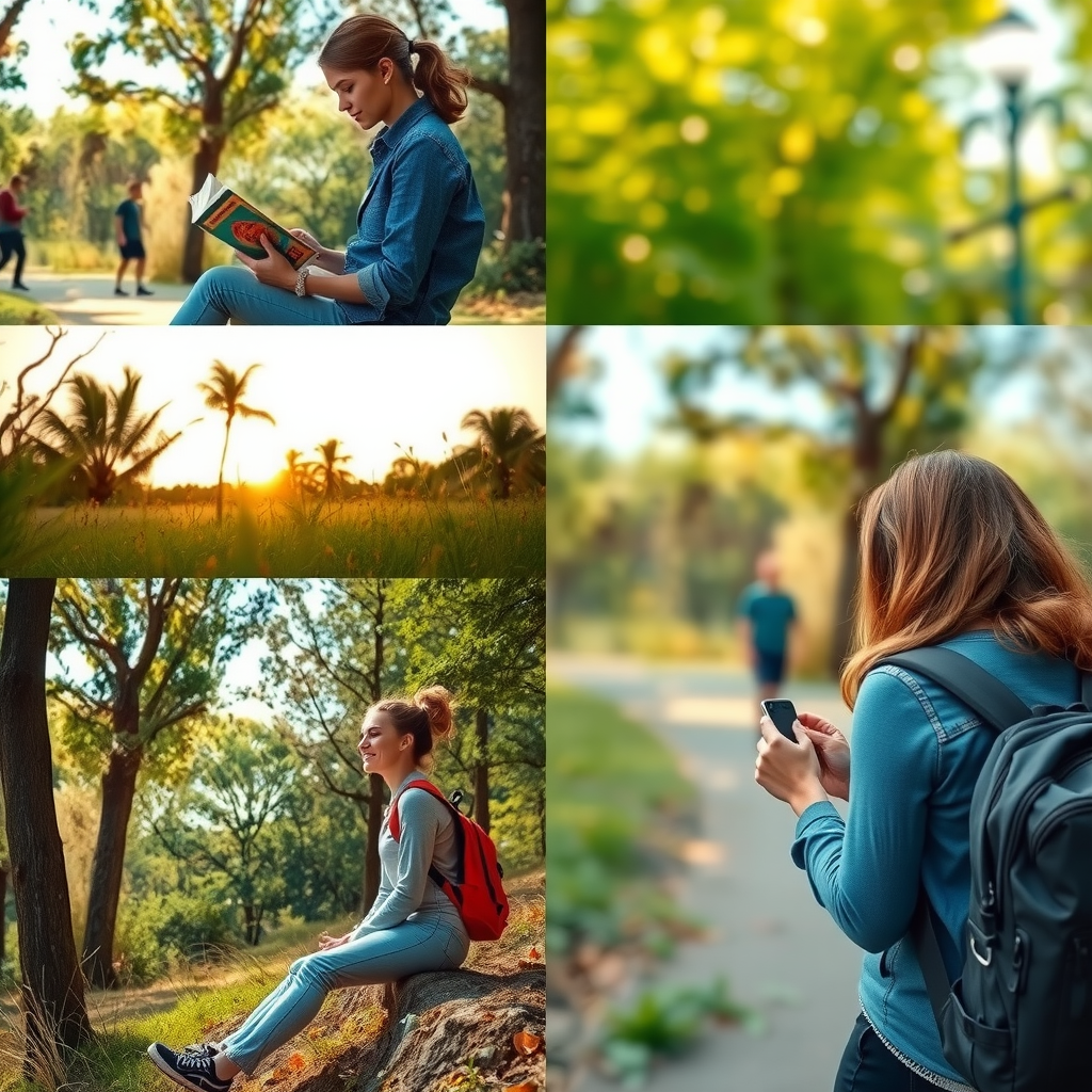 Eine Collage aus verschiedenen Hobbys: jemand liest ein Buch in einem Park, eine Person malt, jemand wandert auf einem Pfad.